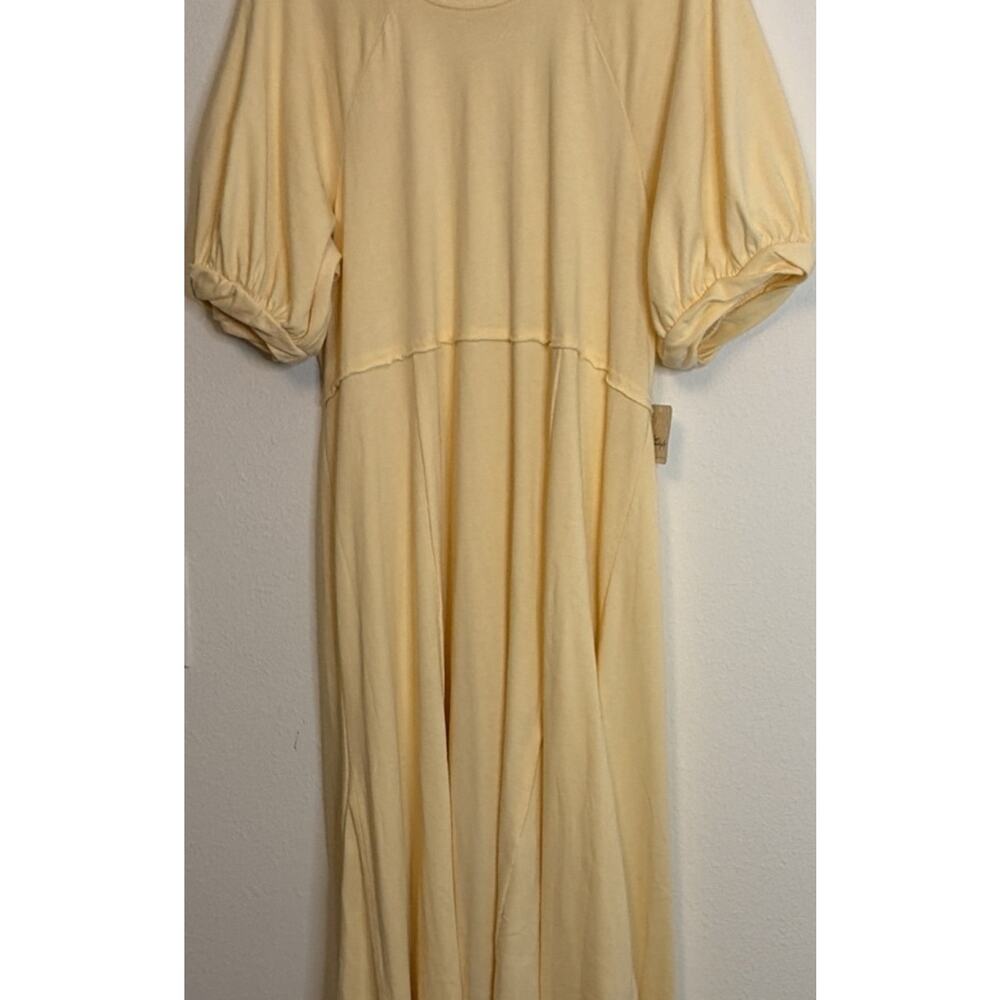 Free people Yellow Knit A-Line Long Dress Puff Short Sleeve Crew Neck Ruffle L-G